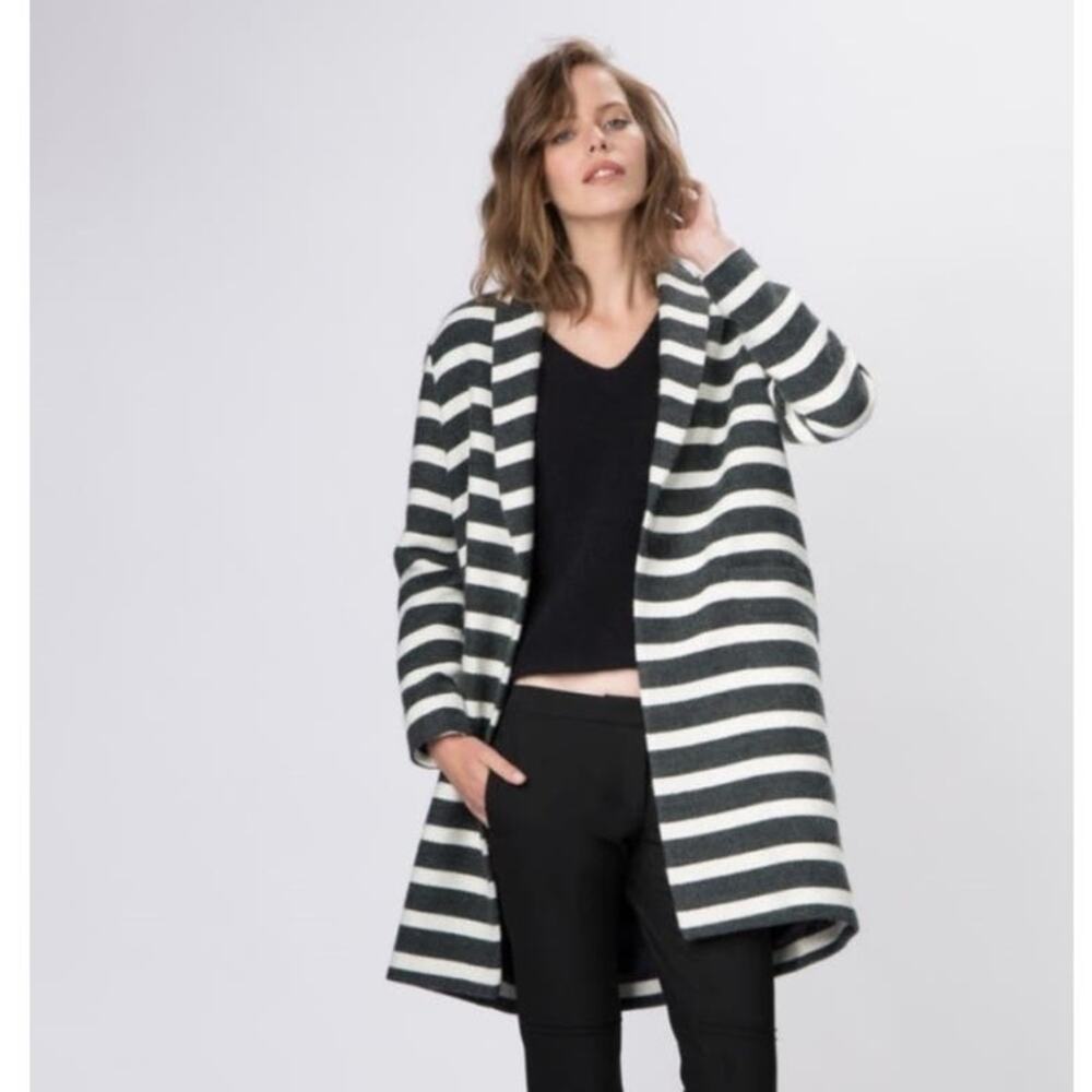 Maje Paris 2010s Charcoal Off White Wool Stripe Coat Small